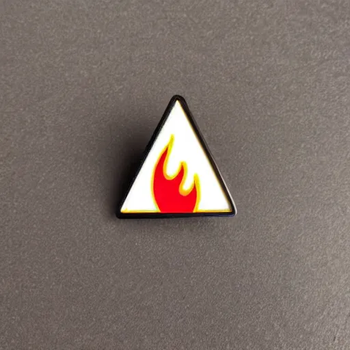 Image similar to a retro minimalistic triangle enamel pin of a retro minimalistic flame fire warning label, smooth curves