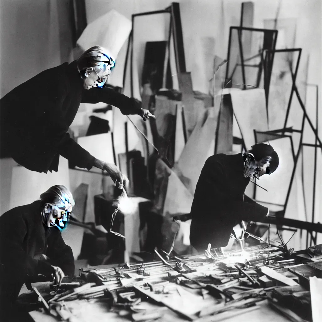 Image similar to a long exposure shot of Marcel Duchamp working on a readymade object, archival pigment print