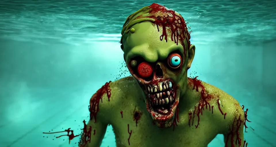 Image similar to highly detailed full body portrait of a zombie swimming underwater in a zombie - apocalypse, in a swimming pool, style of plants vs zombies, octane render