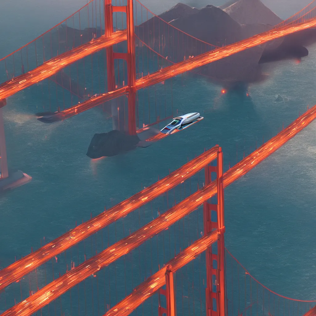 Image similar to A Volvo spaceship flying over the Golden Gate Bridge, cinematic lighting ultra detail ultra realistic photo realistic octane render 4k