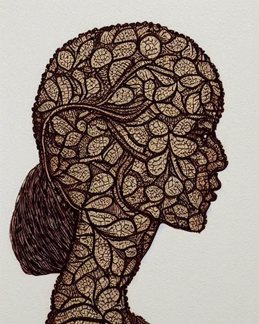 Prompt: a woman's face in profile, made of intricate decorative lace leaves, in the style of casey weldon