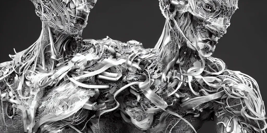 Image similar to hyper realistic photography of a stunningly beautiful cyborg male, plated arm, intimate, chest, holding close, ribbons, in the style of beth cavener, jin kagetsu,, and wlop, highly detailed, intricate filigree, symmetry, masterpiece, award winning, sharp focus, concept art, highkey lighting, ambient lighting, octane render, 8 k, artstation