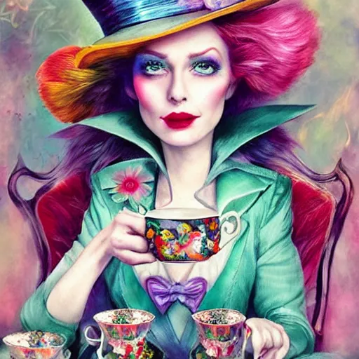 Prompt: the mad hatter from alice in wonderland having a tea party by anna dittmann, highly detailed, bright tones