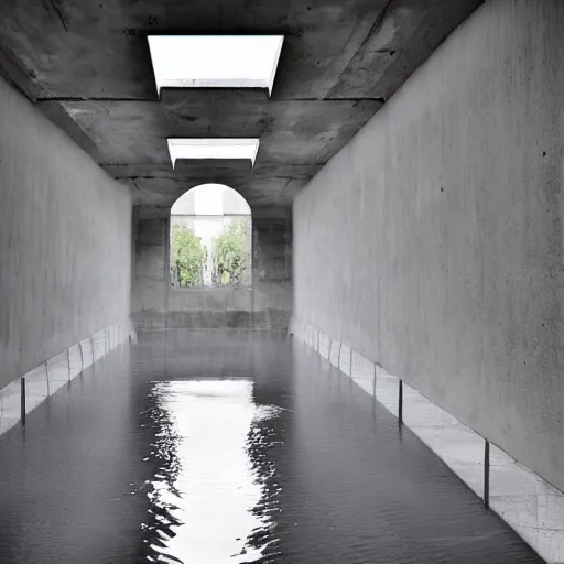 Image similar to dingy abandoned concrete room, triangular room, gray, museum, concrete staircase leading down, staircase flooded with water to create a moon pool, Photograph.