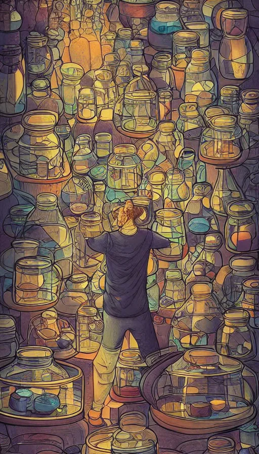 Image similar to BFG with his jars of dreams, futurism, da vinci, Dan Mumford, Josan Gonzalez