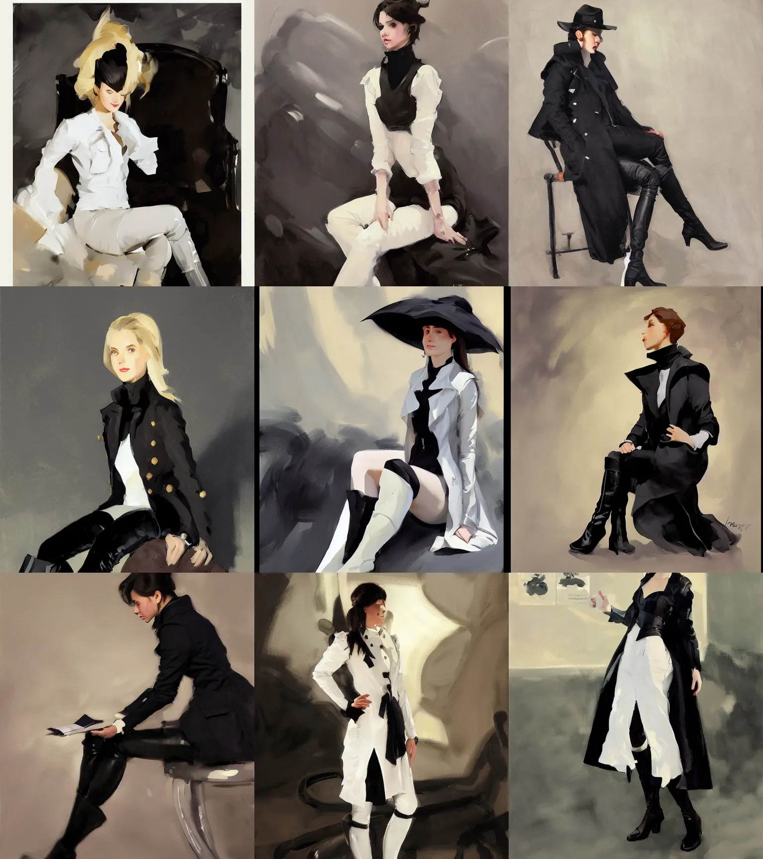 Image similar to black white cloth fabric jodhpurs knee high boots travel coat fashion, portrait in sitting pose, greg manchess painting by sargent and leyendecker, studio ghibli, fantasy, asymmetrical, intricate, elegant, matte painting, illustration, hearthstone, by greg rutkowski, by greg tocchini, by james gilleard, by joe fenton