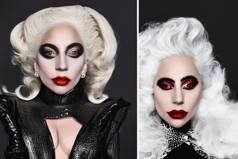 Image similar to lady gaga plays cruella in the live action adaptation of cruella, red weapon 8 k s 3 5, cooke anamorphic / i lenses, highly detailed, cinematic lighting