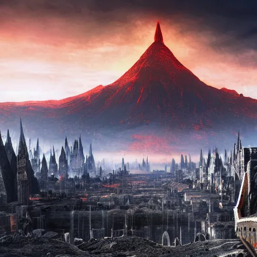 Prompt: mordor as a bustling city, highly detailed, sharp focus, skyline, vast, gothic, lord of the rings, mount doom, 4 k, fantasy