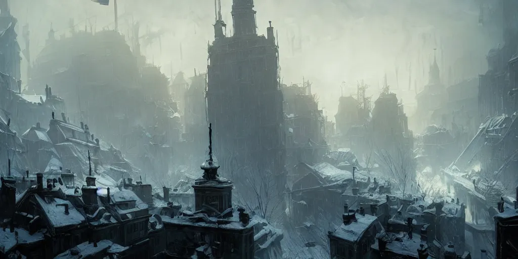 Prompt: frostpunk the city of warsaw, poland. fantasy art by greg rutkowski, gustave courbet, rosa bonheur, edward hopper. faithfully depicted architecture, realistic, sharp focus, global illumination, radiant light, detailed and intricate environment, trending on artstation