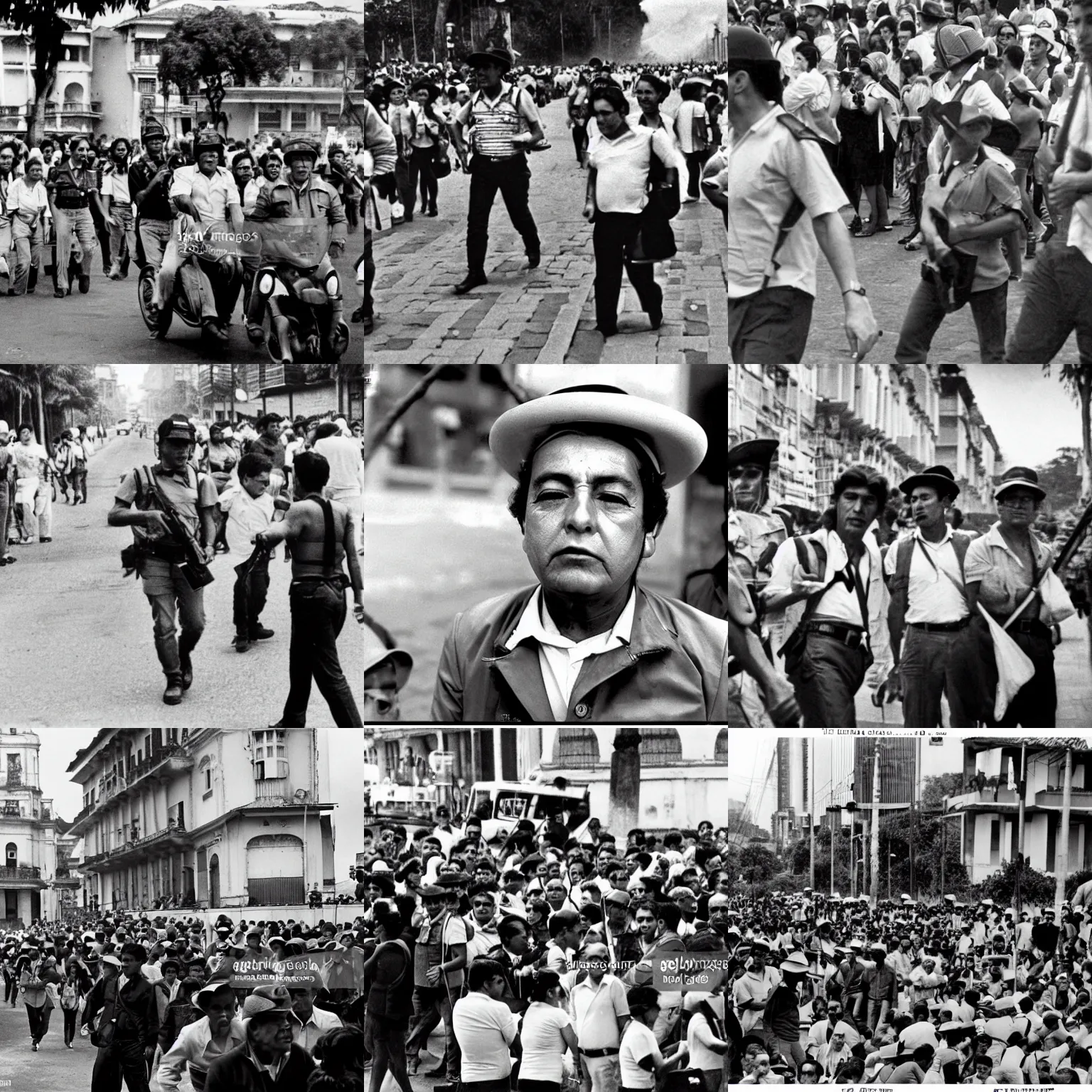 Prompt: colombia en los años 60, violencia, politica, paramilitares sin rostro, fotografia de portada de periodico, censura, blanco y negro