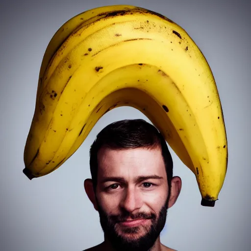 Prompt: a man with a banana horns coming out of his head, photography