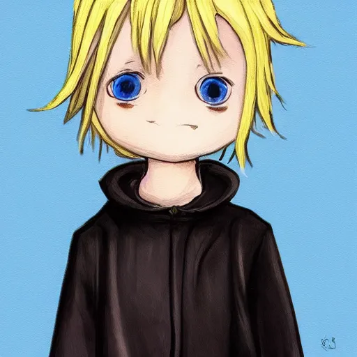 Image similar to little boy wearing nun outfit, blonde hair, light blue eyes. purple and black color palate, detailed soft painting, made in abyss art style, anatomically correct