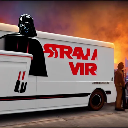 Image similar to darth vader ordering ice cream from an ice - cream truck, high definition, unreal engine rendering