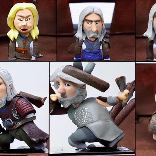 Prompt: Geralt of Rivia in the style of stop motion animation, Nick Park of Aardman Animations, centred
