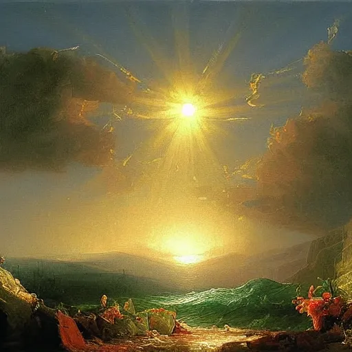 Image similar to The sun is a metaphor for hope. No matter how dark things may seem, there is always light. An oil painting by Thomas Cole