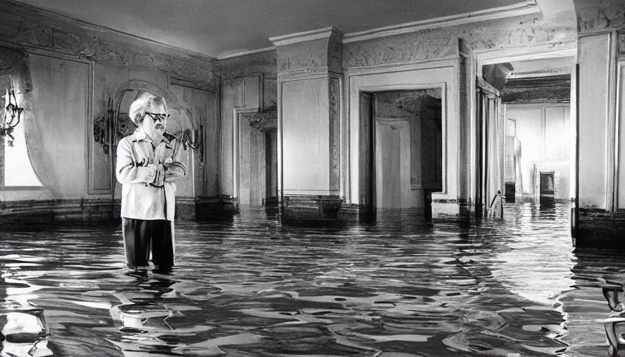 Image similar to 7 0 s movie still of an old manstanding in a soviet stalinist style palace flooded in water, eastmancolor, heavy grain, high quality, high detail