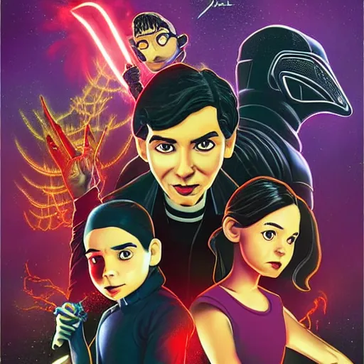 Prompt: goosebumps book r l stine book cover with rey and kylo ren, in the style of tim jacobus