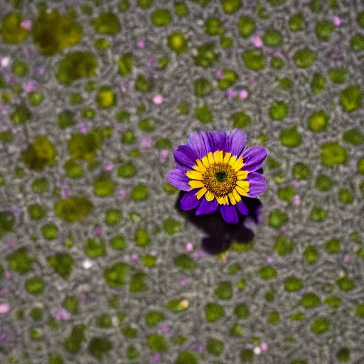 Image similar to closeup photo of single purple camomile's petal flying above a soviet city, aerial view, shallow depth of field, cinematic, 8 0 mm, f 1. 8