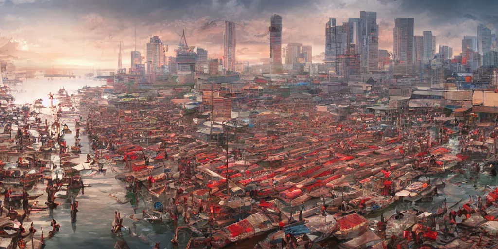 Prompt: beautiful panoramic, very busy indonesian fish market streching into the horizon, wallpaper, digital art, photorealistic, epic, trending on artstation, intricate, highly detailed, red color scheme