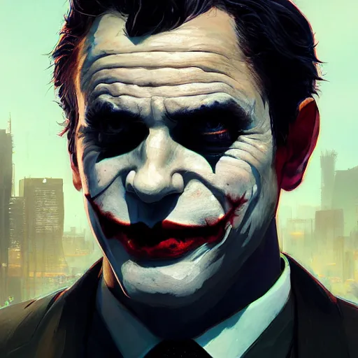 Image similar to highly detailed portrait joker bruce wayne gta v, stephen bliss, unreal engine, fantasy art by greg rutkowski, loish, rhads, ferdinand knab, makoto shinkai and lois van baarle, ilya kuvshinov, rossdraws, tom bagshaw, global illumination, radiant light, detailed and intricate environment