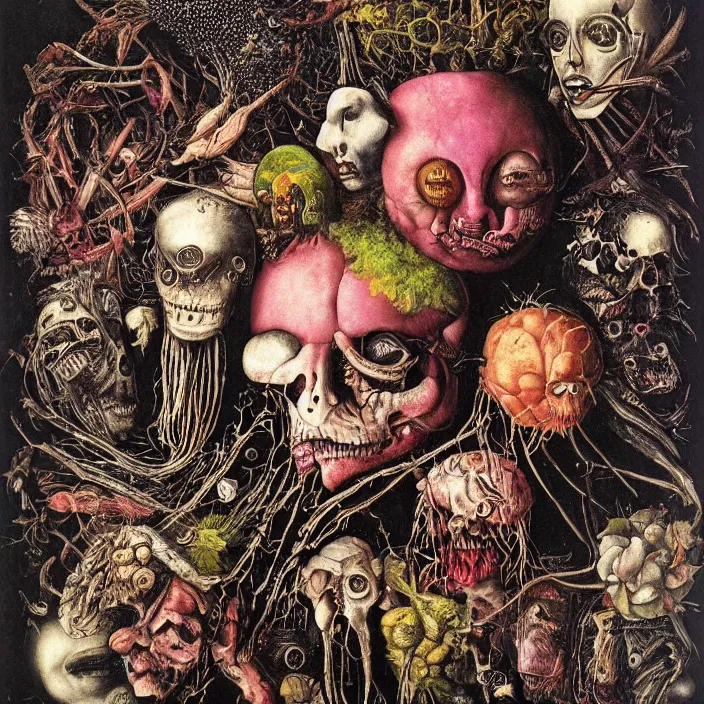 Prompt: post - punk new age album cover, asymmetrical design, magic, apocalypse, psychedelic, highly detailed, black white pink, magic, giger h. r., giuseppe arcimboldo