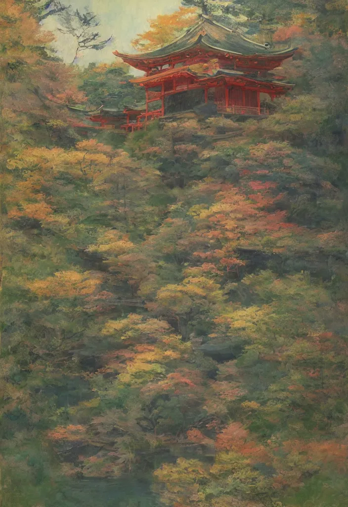 Image similar to a japanese temple in the mountain. gorgeous epic nature. yokai walking around, lofi, vivid colors, amazing light, by jeremy lipkin, by claude monet, heavily inspired by makoto shinkai, kandinsky touches, inspired by ghibli, masterpiece, multiple brush strokes, impressionist style