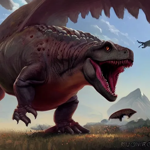 Prompt: friendly dinosaur with wings as arms geog darrow greg rutkowski