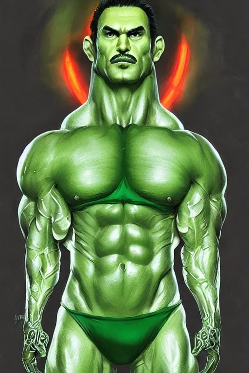 Image similar to muscular luigi wearing a green jumpsuit by ilya kuvshinov, bodybuilder ernest khalimov, super mario bros symmetrical face concept art, hyper realistic, intricate, elegent, highly detailed, digital painting, concept art, smooth, sharp, focus, illustration, art by artgerm and greg rutkowski and alphonse mucha, artstation