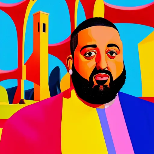 Image similar to ultra realistic portrait of dj khaled in a studio, ultra detailed, under blue, red and yellow cinematic lighting, salvador dali, cartoon, monument valley, escher