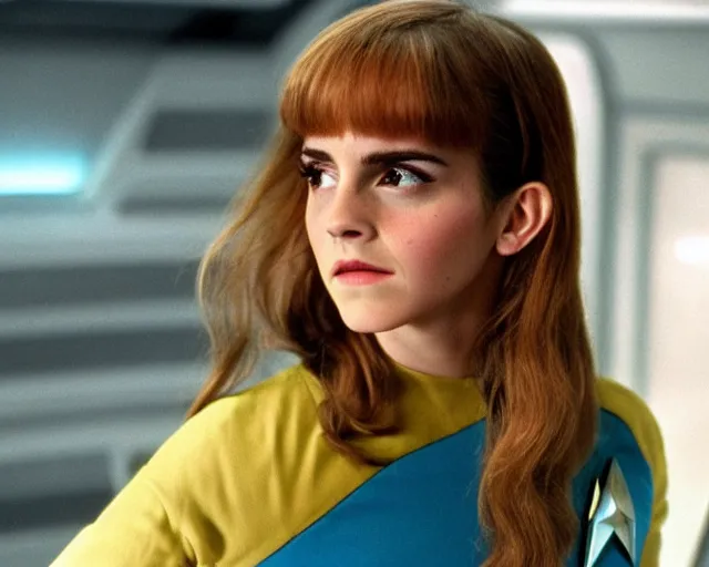 Prompt: color still photo of emma watson on star trek 1 9 6 6, detailed, close - up