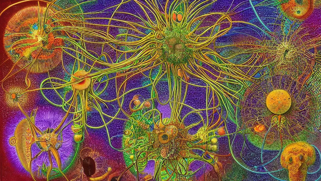 Prompt: quantum connections represented as symbiotic organisms like cells playing around with colorful lights by ernst haeckel, hyperrealistic