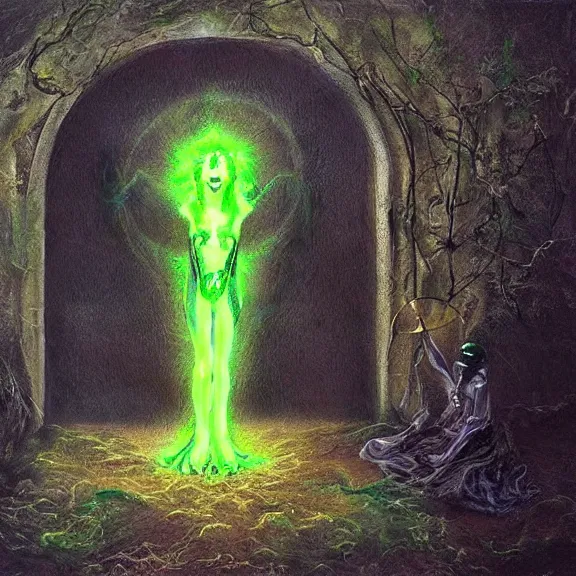 Prompt: woman summon the deathgate portal to the green flame hellgod's home, photograph taken by lord illusion of hyperrealism, dark creepy oil painting