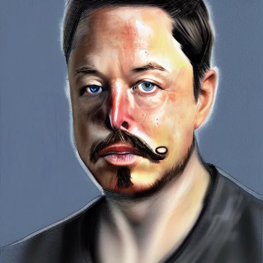Prompt: elon elon with extra scratchy mcpatchy facial hair and a wispy fu manchu, photorealistic digital painting