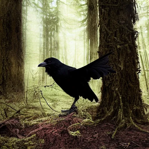 Prompt: crossbreed between a human male and crow, photograph captured in a forest