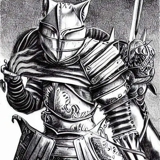 Image similar to Baby Kitten as a knight, highly detailed, black and white, manga, art by Kentaro Miura