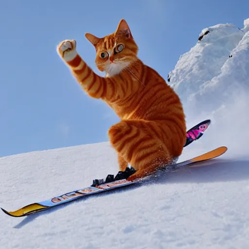 Prompt: an anthropomorphic orange tabby cat skiing