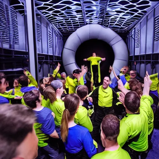 Image similar to photorealistic crowds of happy customers applauding to indoor skydiving instructor demo show in vertical wind tunnel facility tunneltech