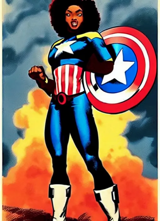 Image similar to beautiful black female captain america. afro - feminist captain america wins wwii. american wwii propaganda poster by james gurney, rob liefeld and pixar. gorgeous face. overwatch, realistic. black power