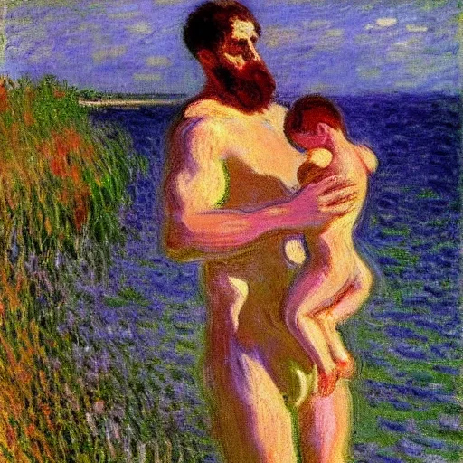 Image similar to a man carrying his child over his shoulders walking near the beach, anatomically correct, painting by monet, masterpiece