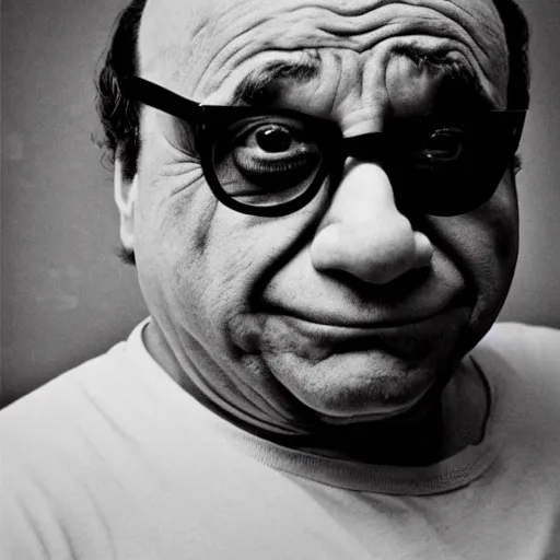 Image similar to Danny DeVito in ((clown makeup)), portrait photograph, serious sad, low contrast ilford hp5 film, black and white, high grain