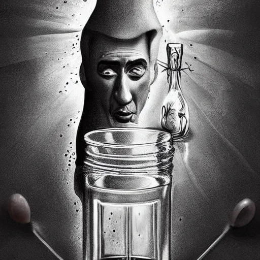 Image similar to Drinking from bottle Nicolas Cage in liquid form, Surrealism, Surreal drawing, Digital art, from artstation, art by Salvador Dali