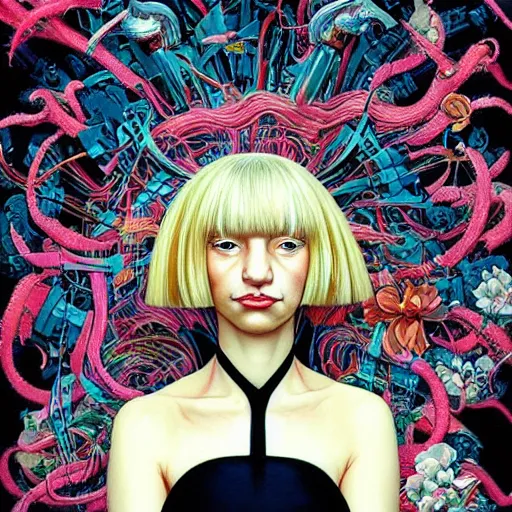 Image similar to portrait of crazy beautiful sia kate isobelle furler, ymmetrical, by yoichi hatakenaka, masamune shirow, josan gonzales and dan mumford, ayami kojima, takato yamamoto, barclay shaw, karol bak, yukito kishiro