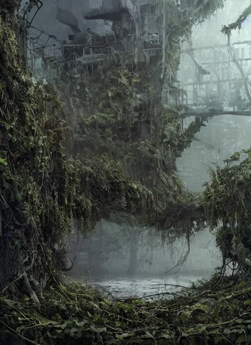 Prompt: decayed aircraft carrier USS Nimitz laying on the ground overgrown with vegetation and hanging vines, post apocalyptic, tropical forest, by Luis Royo, by Greg Rutkowski, extreme low angle shot, dark, gritty, intricate, cover illustration, concept art, volumetric lighting, volumetric atmosphere, sharp focus, octane render, trending on artstation, 8k