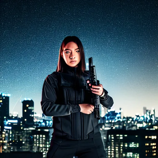 Image similar to photographic portrait of a techwear woman holding a Glock 18, closeup, on the rooftop of a futuristic city at night, sigma 85mm f/1.4, 4k, depth of field, high resolution, 4k, 8k, hd, full color