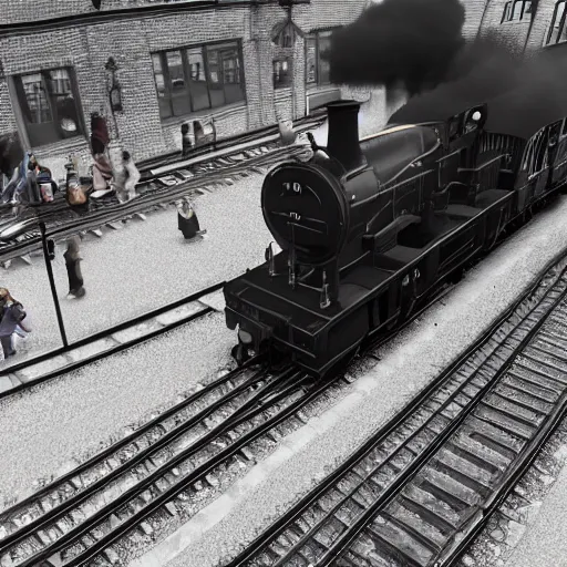 Image similar to a black steam locomotive pulling a train into a Victorian era crowded train station, slight fog, highly detailed, octane render, unreal engine 5