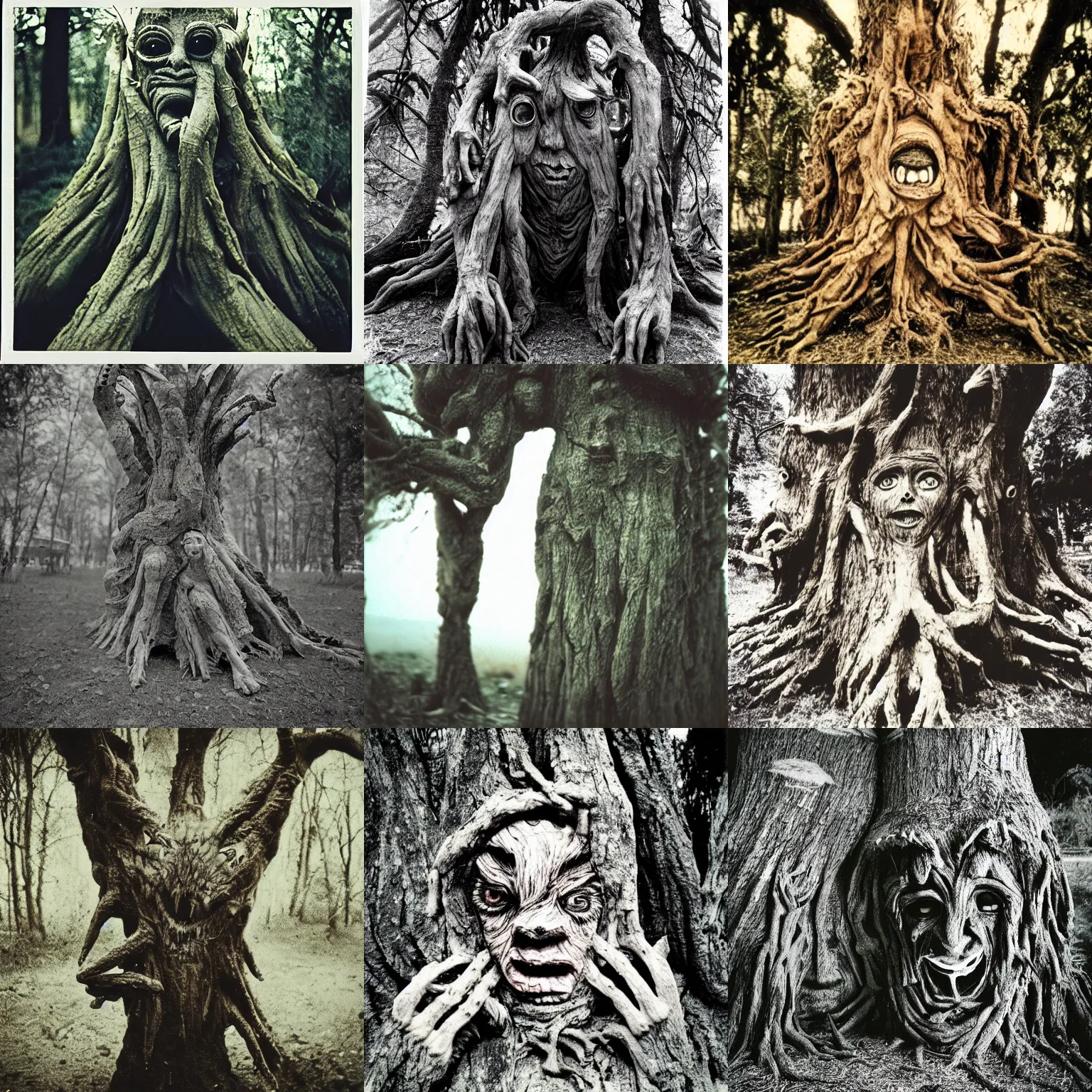 Prompt: a terrifying tree monster with distorted faces made of bark, lovecratftian horror, pans labyrinth, shot on expired instamatic film