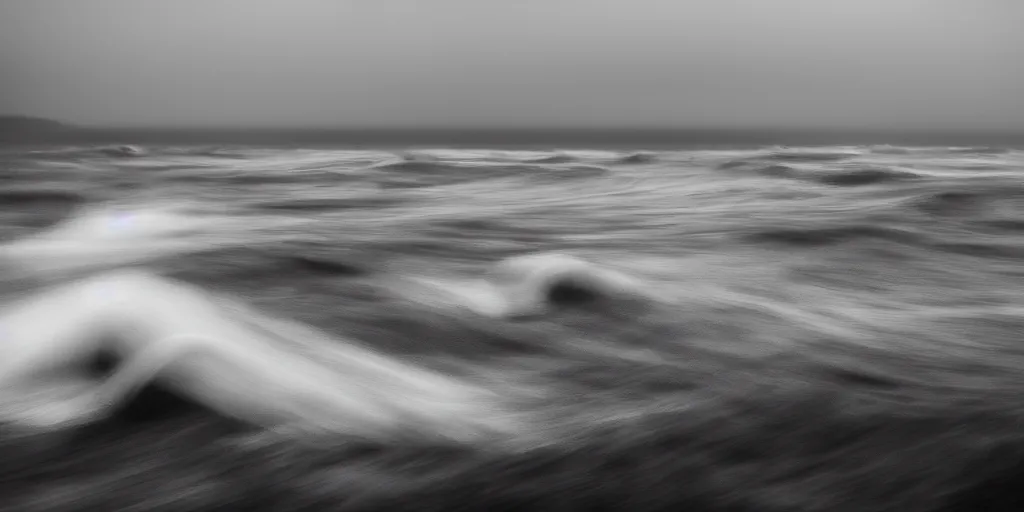 Image similar to monochromatic photograph of a forest, isometric, waves breaking, black sea, white breakwater, multiple exposure, by chris friel