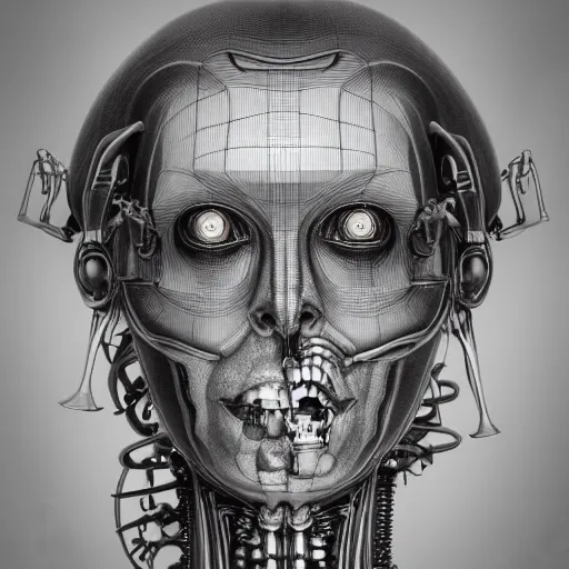 Prompt: 3 d portrait of a biomechanical cyborg by tony diterlizzi, tim burton, hr giger, ilford hp 5, 5 5 mm, machinecore by artgerm, 3 d render, gothcore, beeple, joseph leyendecker, carlo carra