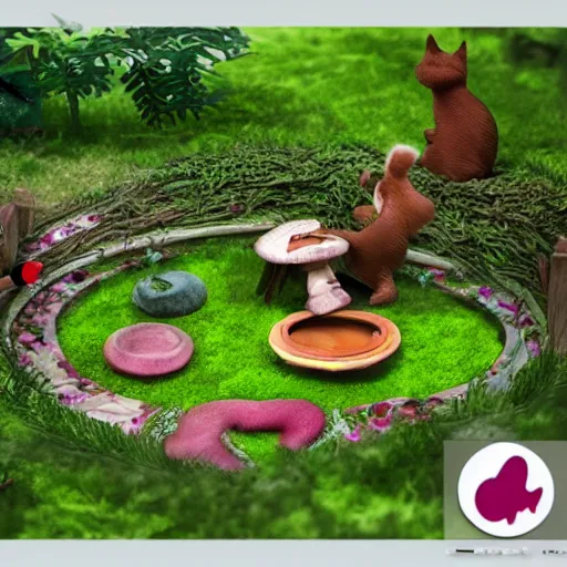 Prompt: cats making shoes in a fairy garden 3 d concept art