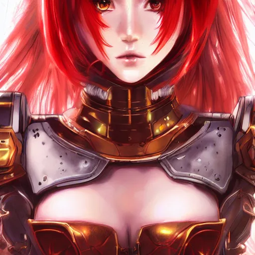 Prompt: cute red armored cyborg - anime girl, long gold hair, yellow eyes, digitally painted by ross draws, extreme high intricate details by wlop, digital anime art, black shadows, stylized shading